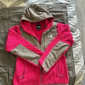 Northface, fleece zip up jacket with hood, pink and grey, size S